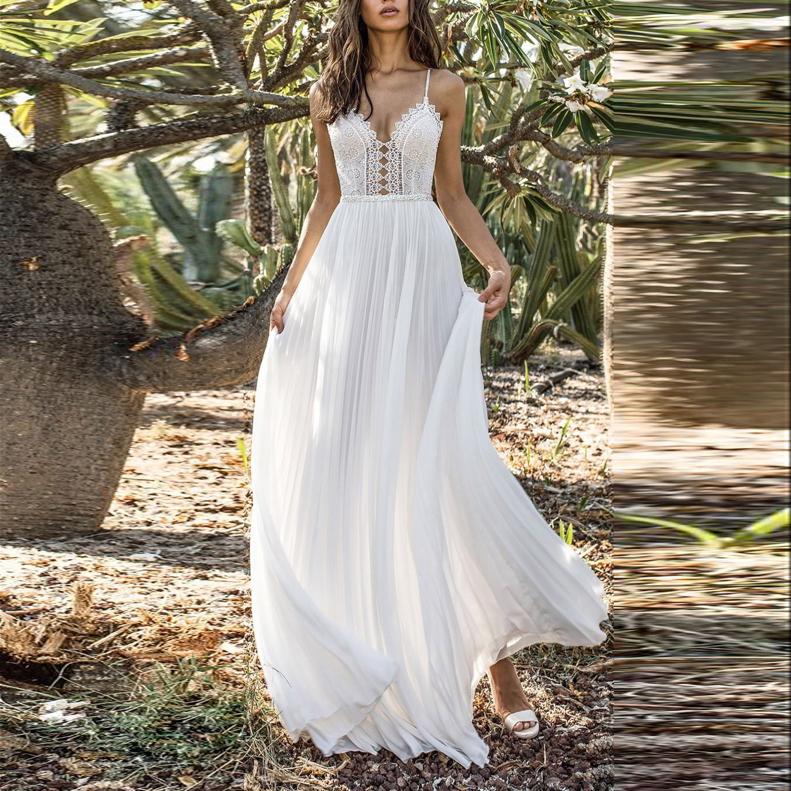 White Lace Pleated Chiffon Dress