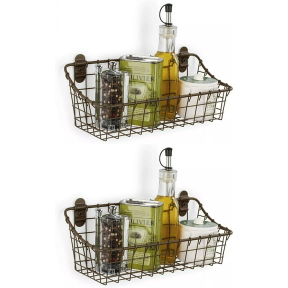 Wire Basket 2-Pack Hanging Wall Organizer Cabinet Storage Basket Wall Mounted Shelves Rustic Farmhouse Decor for Home Kitchen Bathroom, Bronze