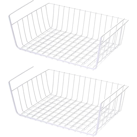 2Pcs White Under Shelf Wire Basket Hanging Cabinet Storage Racks Cabinet Storage Hanging Baskets Organizer Mesh Shelf Basket Cabinet for Kitchen Bookshelf Bedside & Dining Room