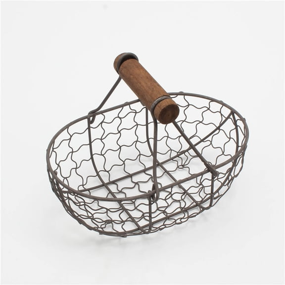 Wire Basket with Wooden Handles Vintage Style, Chicken Wire Egg Gathering Baskets Country Rustic Storage Basket, Multi-Purpose Holder for Bread Fruits Vegetables, Kitchen Dining Room Countertop Decor