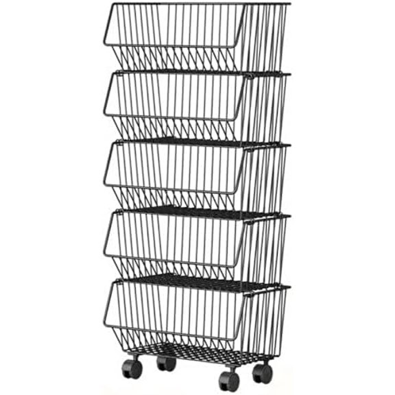 Wire Baskets Organization with Rollers for Kitchen and Home Storage, Vegetable Fruits Metal Basket for Countertop and Corner, Wire Basket Storage Bins for Space Utilization, Durable, 5 Tiers