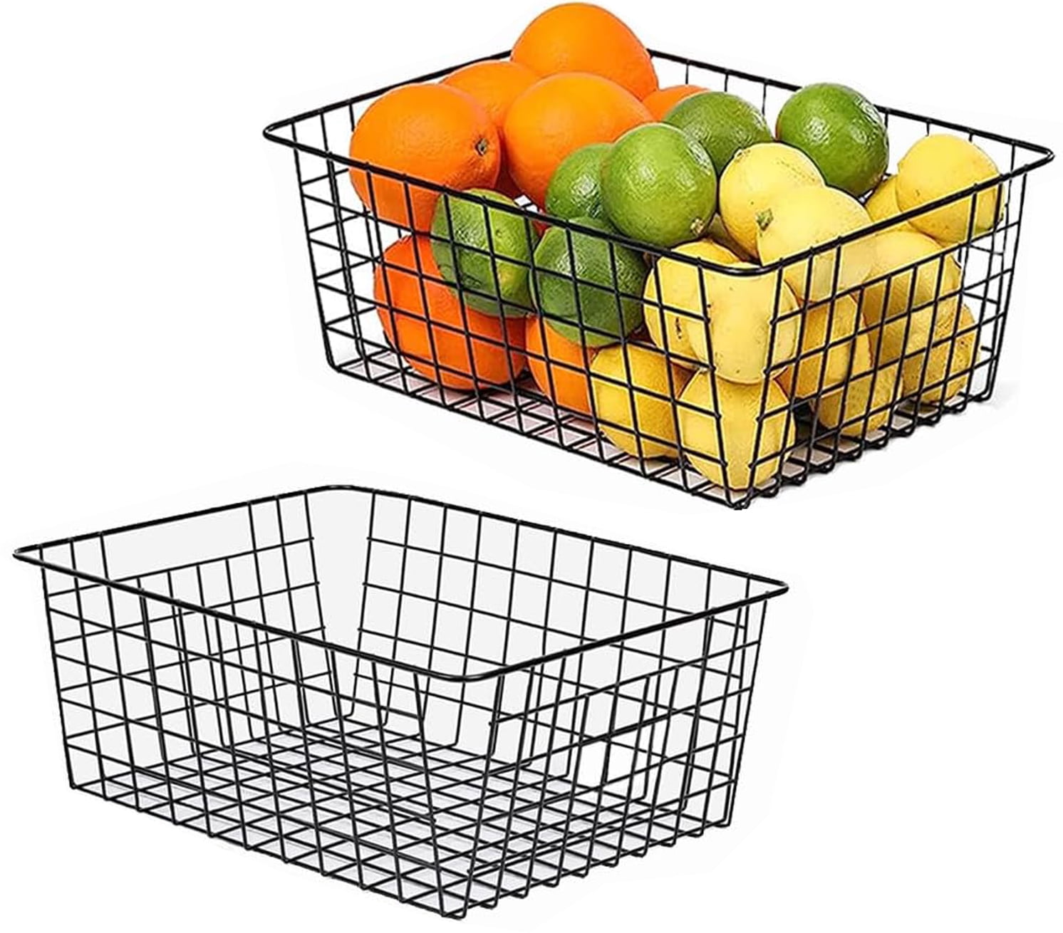 Wire Baskets for Organizing, 2 Pack Metal Kitchen Organizers and Storage Baskets, Wire Black Metal Storage Bins,Wardrobe Organizer,Laundry Basket,Snack Organizer(11 x 8.58 x 4.72 Inches)