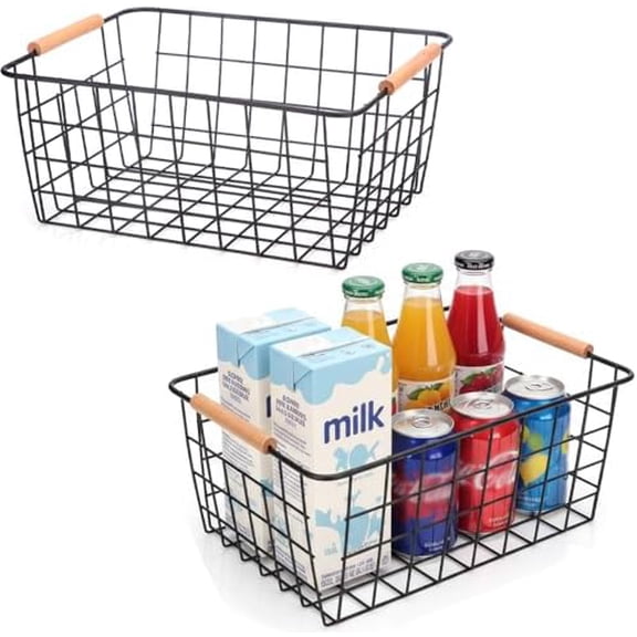 Wire Baskets with Wooden Handles Wire Storage Organizer Bin Baskets, Pantry, Closets, Bedrooms - Set of 2(Black)
