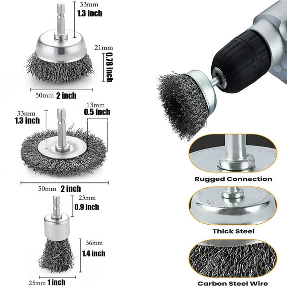 Wire Brush Wheel Cup Brush Set 10 Pack,Wire Brush for Drill 1/4 Inch Hex Shank 0.012 Inch Coarse Carbon Steel Crimped Wire Wheel