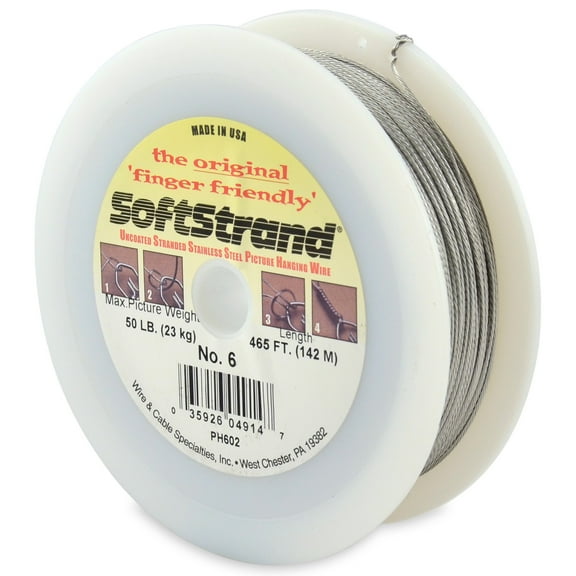 Wire & Cable Specialties Softstrand Uncoated Stranded Stainless Steel Picture Wire, Size #6, Max Load 50lb, 465 Foot Roll
