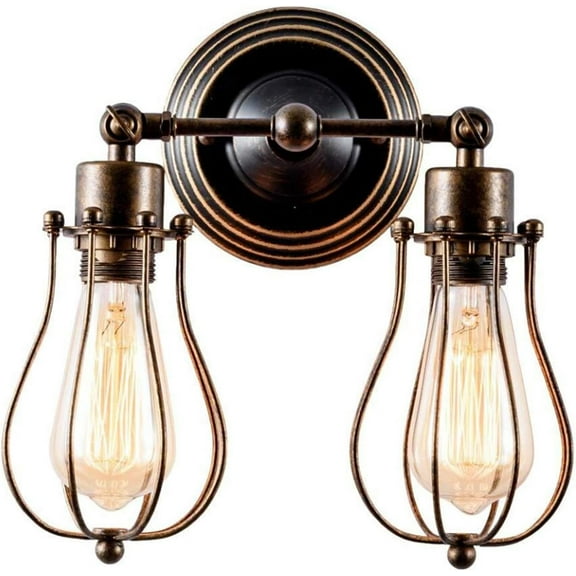 Wire Cage Wall Sconce Industrial Vintage 2 Lights Wall Mounted Lamp Fixtures,Gold Bronze Grapefruit Shape 2 Bulbs Metal Cage Pendant Wall Light Fixture for Kitchen Island Bedroom Barn Porch Bar