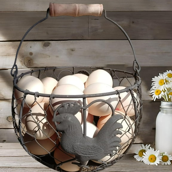 Wire Chicken Egg Basket for Gathering Fresh Eggs,Round Metal Collecting with Handle Farmhouse Countertop Storage, Rustic Rooster Kitchen Dcor Gift