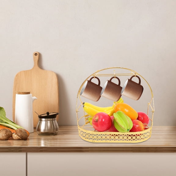 Wire Coffee Cup Rack Coffee Mug Holder Golden Metal Tea Cup Display Stand Cup Organizer Drainer Storage Drying Rack 6 Hooks for Cabinet Table