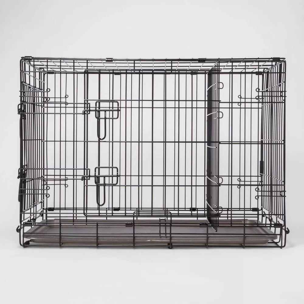 Large Black Metal Wire Collapsible Dog Crate with Plastic Tray