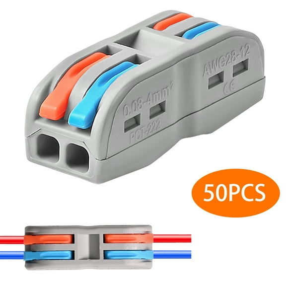 Wire Connectors Nuts, 50pcs 2 Conductor Compact Splicing Wire Connectors, 2 in 2 Out Lever Wire Nut, 2 Circuit Inline Splices 28-12 AWG, SPL-2