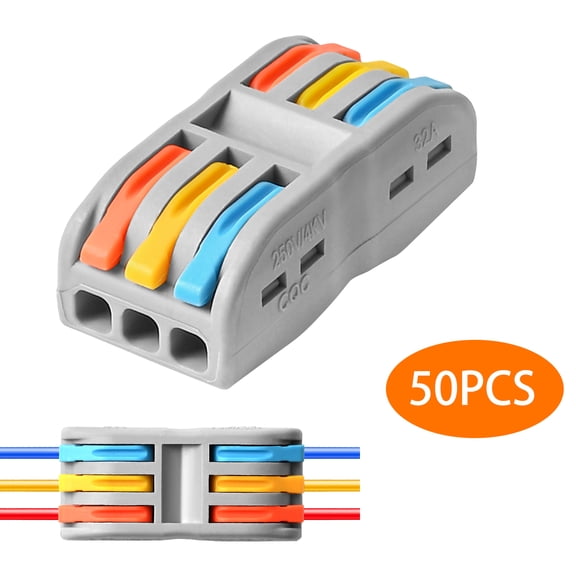 Wire Connectors Nuts, 50pcs 3 Conductor Compact Splicing Wire Connectors, 3 in 3 Out Lever Wire Nut, 3 Circuit Inline Splices 28-12 AWG