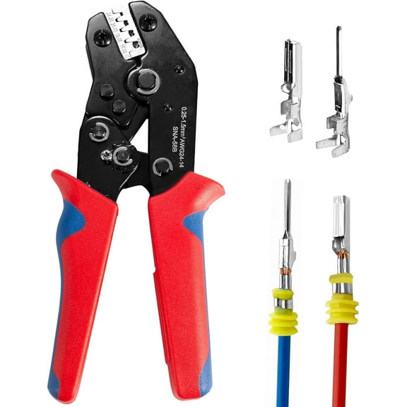 Wire Crimping Tool with Ratchet, Ratchet Wire Crimper Tool for Open Barrel Terminal Connectors, Electrical Crimping Tool for Deutsch DELPHI AMP Dupont TYCO Terminals, 24-14 AWG