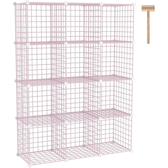Wire Cube Storage, 12 - Cube Organizer Metal C Grids, Closet, Pink