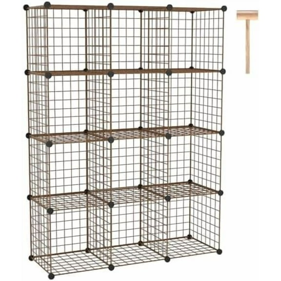 Wire Cube Storage, 12 - Cube Organizer Metal C Grids, Modular Shelves Units, Closet Organizer, Ideal for Home, Office, Living Room, 36.6”L x 12.4”W 48.4”H, Brown UWCS3012R