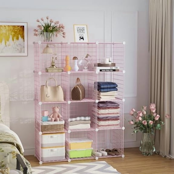 Wire Cube Storage, 12 - Cube Organizer Metal C Grids, Modular Shelves Units, Closet Organizer, Ideal for Home, Office, Living Room, 36.6”L x 12.4”W 48.4”H, Pink UWCS3012P