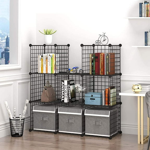 Wire Cube Storage - 9-Cube Organizer, Metal Grids, Modular Bookshelf, Closet Cabinet, Ideal for Home, Living Room, Office - 36.6'L x 12.4'W x 48.4'H Black