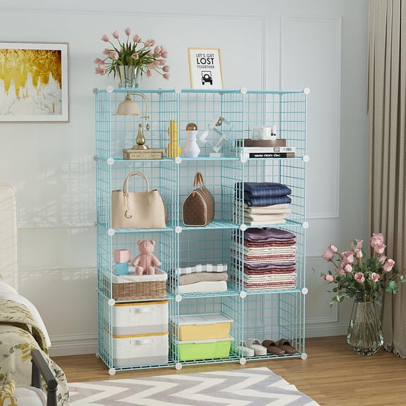 Wire Cube Storage Organizer, 12-Cube Metal Grid Shelf Unit for Home Office Living Room, Blue Modular Closet System