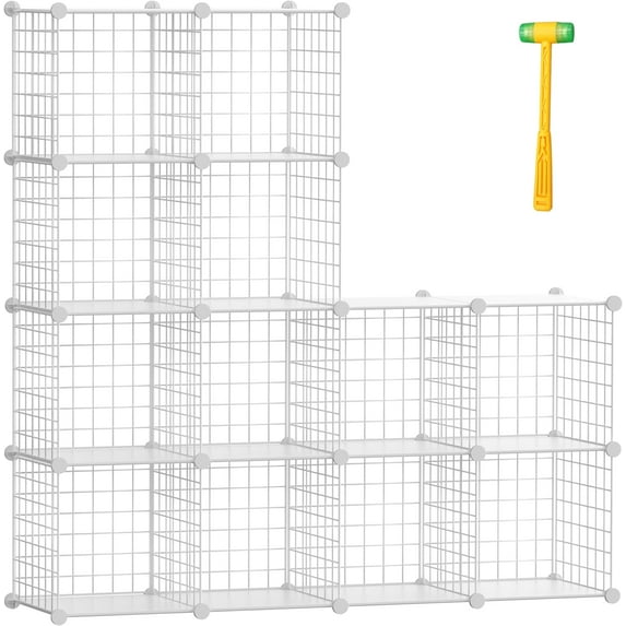 Wire Cube Storage Organizer, 12-Cube Metal Storage Shelves Bookshelf, Stackable Modular Closet Organizer for Bedroom Living Room, Office,Storage Shelves,White Plus Iron