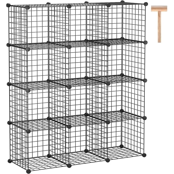 Wire Cube Storage Organizer, 12-Cube Modular Metal Shelving Unit with Grid Panels, Black, 36.6"L x 12.4"W x 48.4"H