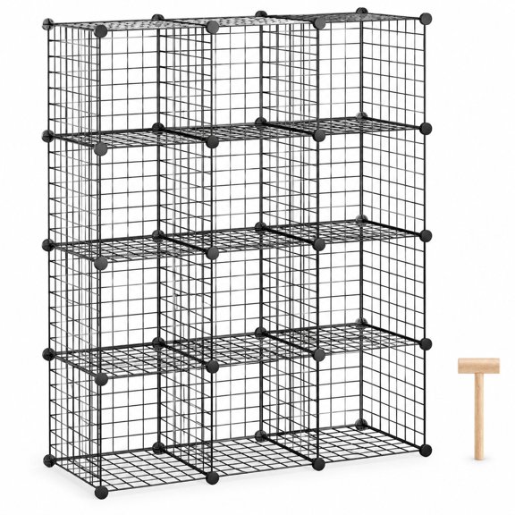 Wire Cube Storage Organizer, 12-Cube Modular Shelving, 36.6L x 12.4W x 48.4H, Black, Metal and ABS Plastic, for Clothes Shoes and Books