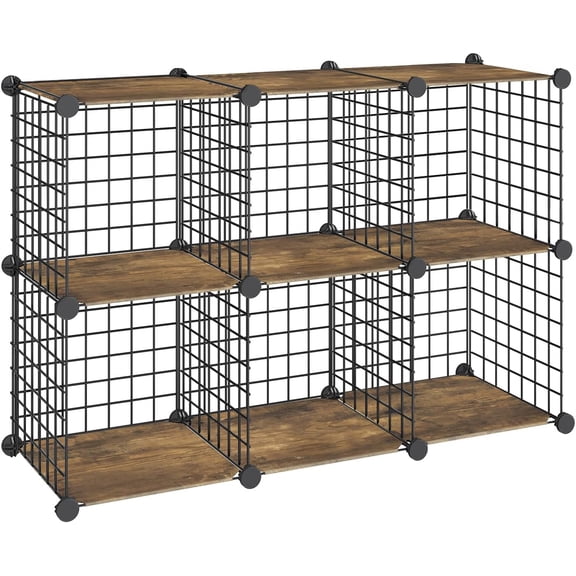 Wire Cube Storage Organizer, 6-Cube Metal Grid Storage Organizers, Modular Closet Shelves, Storage Shelves, for Clothes, Bedroom, Wardrobe, Rustic Brown and Black BF06CW01