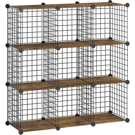 Wire Cube Storage Organizer, 9-Cube Metal Storage Shelves | Modular Closet Organizer, DIY Closet Cabinet for Home, Living Room, Office, Rustic Brown and Black BF09CW01