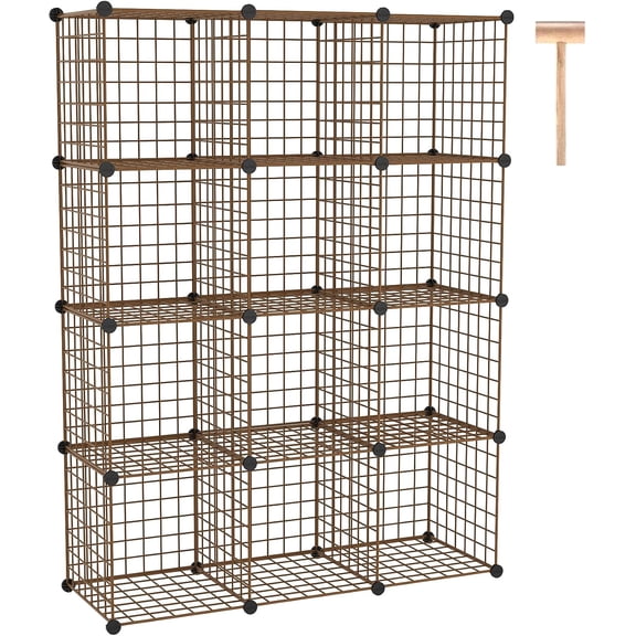 Wire Cube Storage Shelf, 12-Cube Organizer with Grid Bins, Modular Bookshelf Unit for Closet, Bedroom, Office, 36.6" L x 12.4" W x 48.4" H, Black