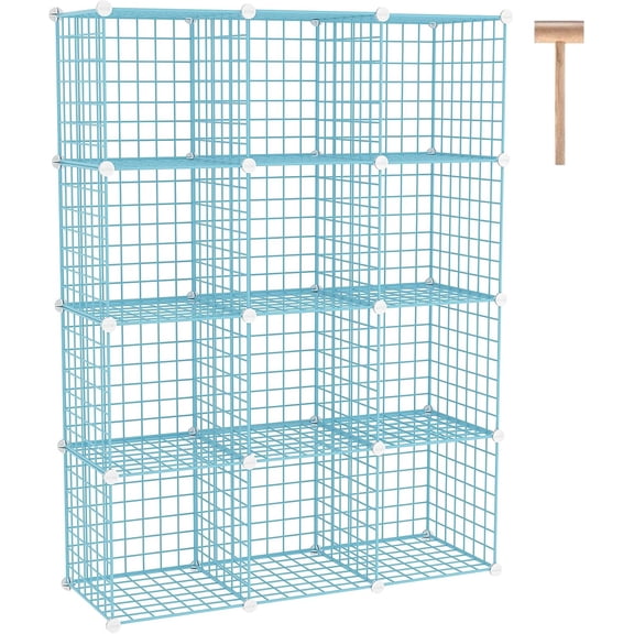Wire Cube Storage Shelf, 12-Cube Organizer with Grid Bins, Modular Bookshelf Unit for Closet, Bedroom, Office, 36.6" L x 12.4" W x 48.4" H, Black
