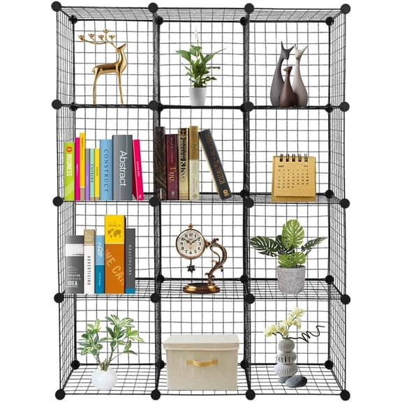 Wire Cube Storage Shelves, Metal Grid Origami Shelves Multifunction Shelving Unit Modular Cubbies Organizer Bookcase (12-Cube)