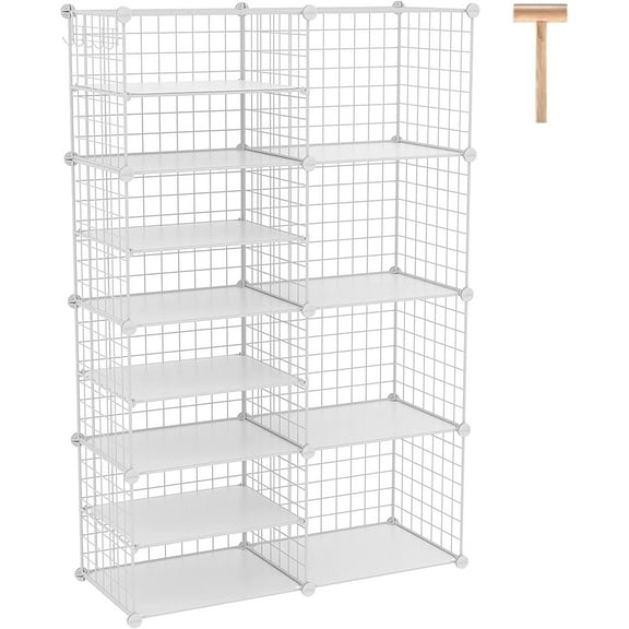 Wire Cube Storage Unit, Interlocking Metal Wire Organizer with Divider Design, Modular Cabinet with Plastic Panels, Bookshelf Stackable Closet Organizer with Small Hooks, White UWCSIM08W