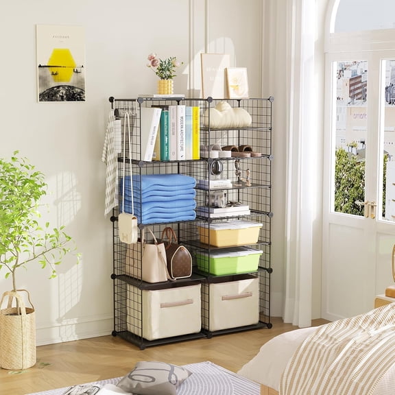 Wire Cube Storage Unit, Interlocking Metal Wire Organizer with Divider Design, Modular Cabinet with Plastic Panels, Bookshelf Stackable Closet Organizer with Small Hooks, Black UWCSIM08B