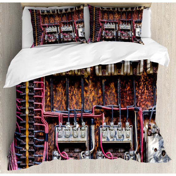Wire Decor Queen Size Duvet Cover Set, Old Rusted Electrical Panel with Fuses and Contacts in Abandoned Energy Factory Print, Decorative 3 Piece Bedding Set with 2 Pillow Shams, Multi, by Ambesonne