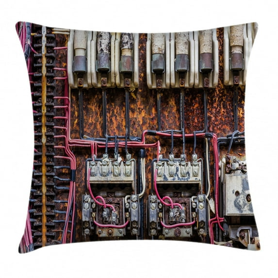 Wire Decor Throw Pillow Cushion Cover, Old Rusted Electrical Panel with Fuses and Contacts in Abandoned Energy Factory Print, Decorative Square Accent Pillow Case, 18 X 18 Inches, Multi, by Ambesonne