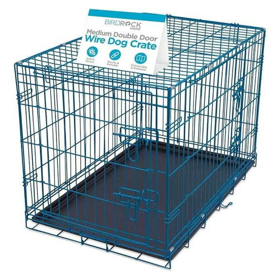 Wire Dog Kennel Medium 36 Inch | Double Door Steel Dog Crate | Indoor Outdoor Pet Cage | Folding Collapsible Pet Home - Blue