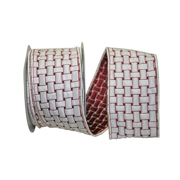 Wire Edged Basket Weave Red and Silver Ribbon 2 1/2" 10 Yards