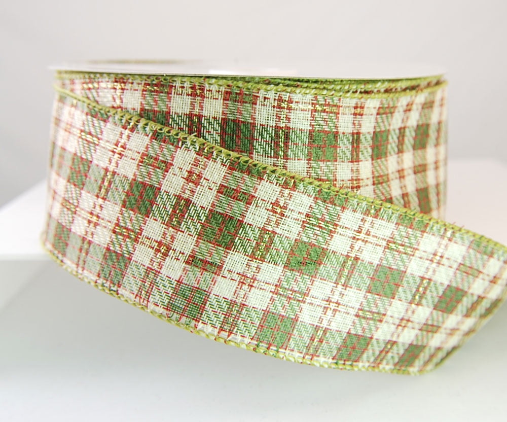 Wire Edged Brubeck Olive Green, Red, Tan and Gold Plaid Woven Christmas Ribbon 2 1/2" - 25 Yards …