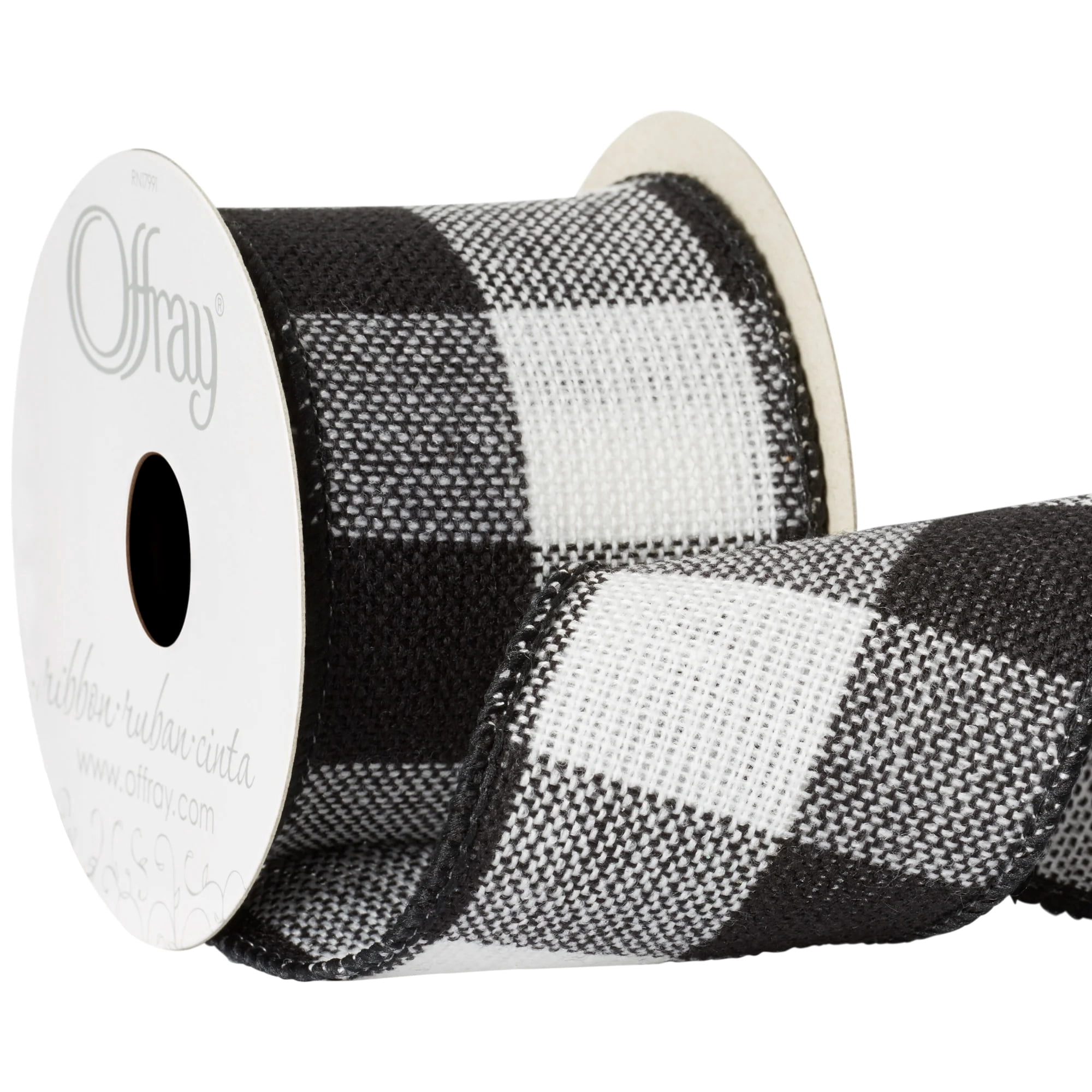 Offray Buffalo Plaid Ribbed Wired Craft Christmas Ribbon - 2.5" x 25 Yards - Black and White