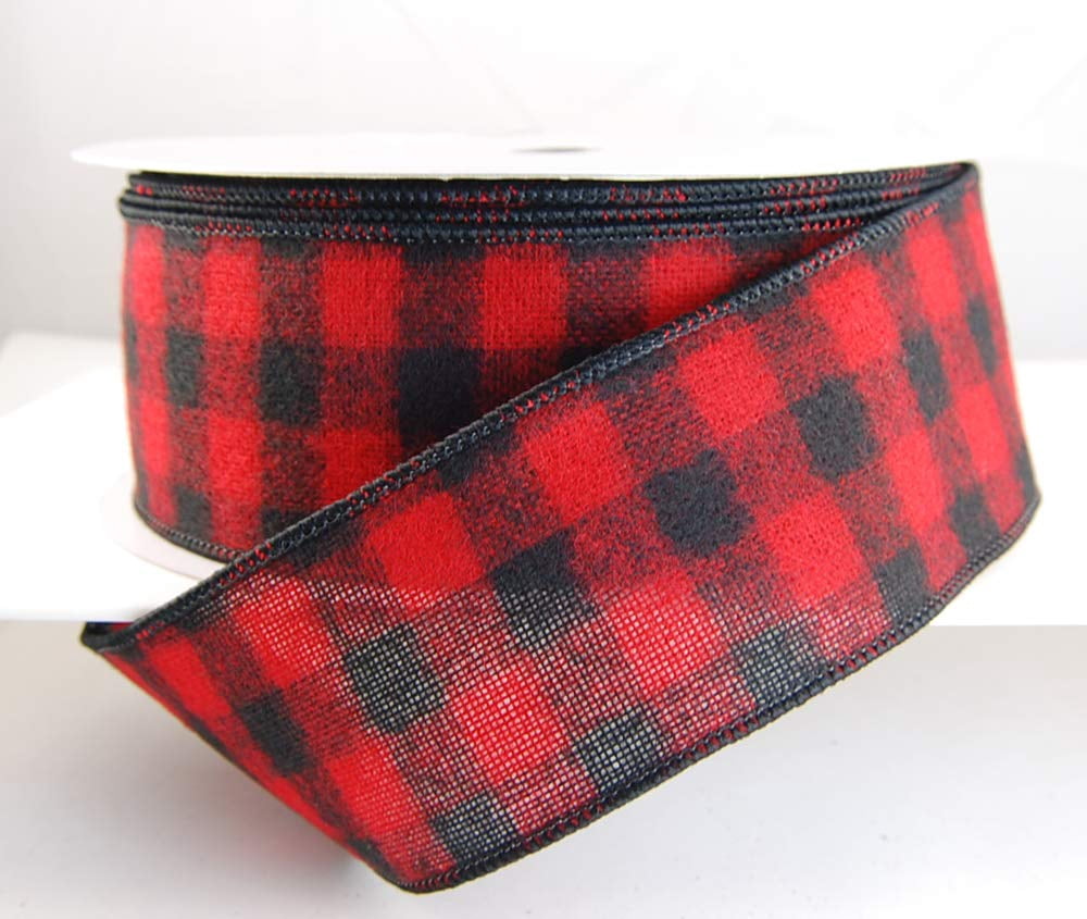 Wire Edged Buffalo Red and Black Checked Flannel Christmas Ribbon 2 1/2" 25 Yards …