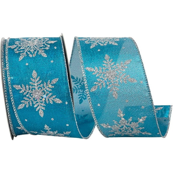 Wire Edged Glitter Snowflakes Glimmer Turquoise and Silver Christmas Ribbon 2 1/2" - 20 Yards