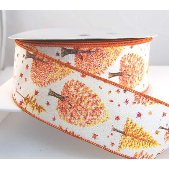 Wire Edged Halsey Fall Orange Trees and Leaves Holiday Ribbon 2 1/2" 25 Yards