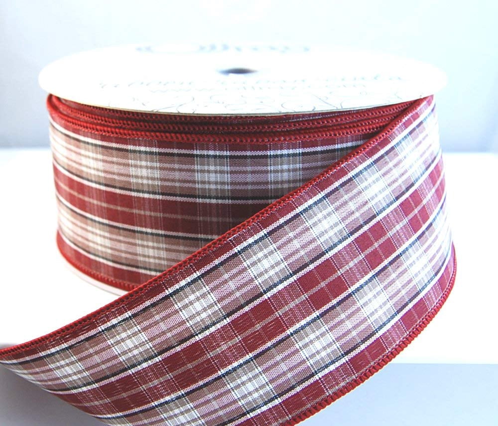 Wire Edged Joleen Plaid Burgundy, White and Grey Christmas Ribbon 2 1/2" 50 Yards …