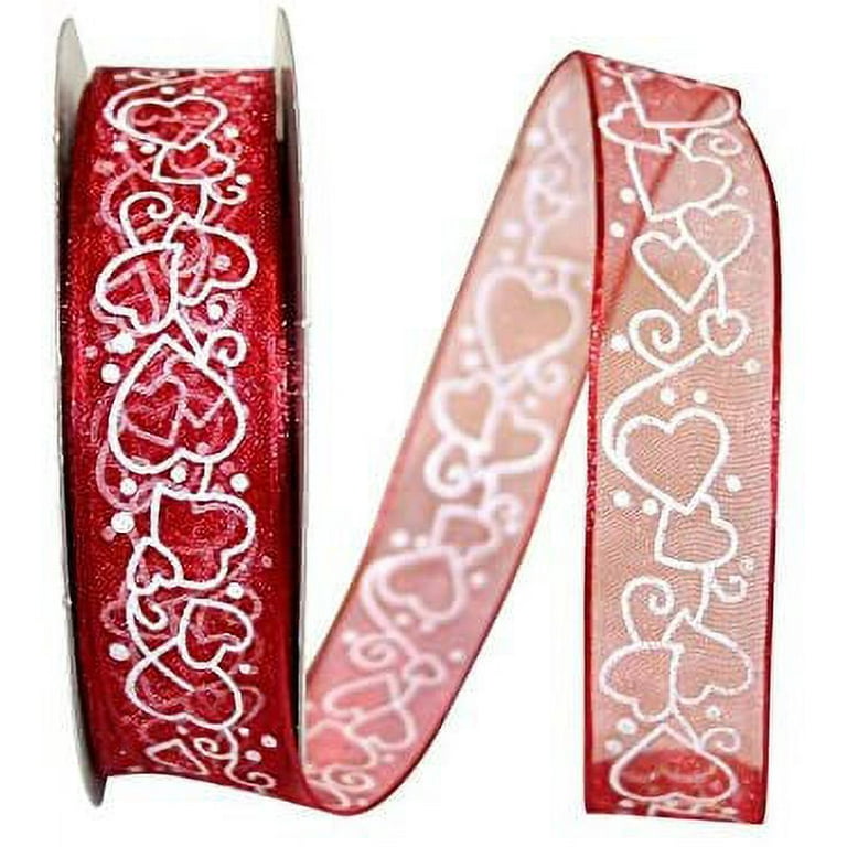 Wire Edged Jumbled Hearts Sheer Red and White Valentine Ribbon 7/8 20 Yards
