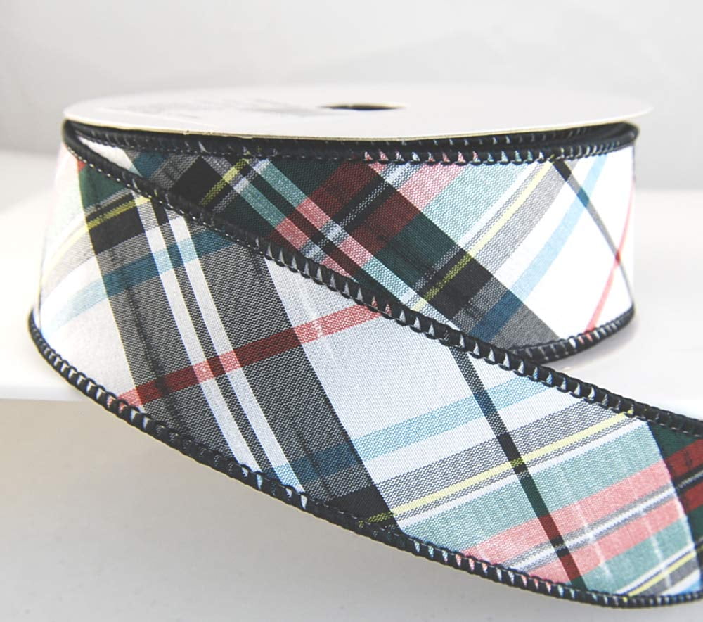 Wire Edged Keen Designer Black Multi Color Plaid Thick Christmas Ribbon 1 1/2" 10 Yards …