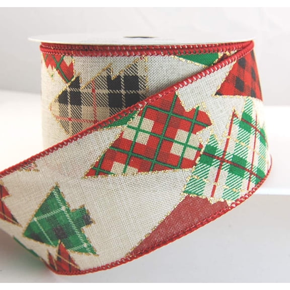 Wire Edged Kyma Natual Patchwork Christmas Tree Cut Outs Christmas Ribbon 2 1/2" 10 Yards