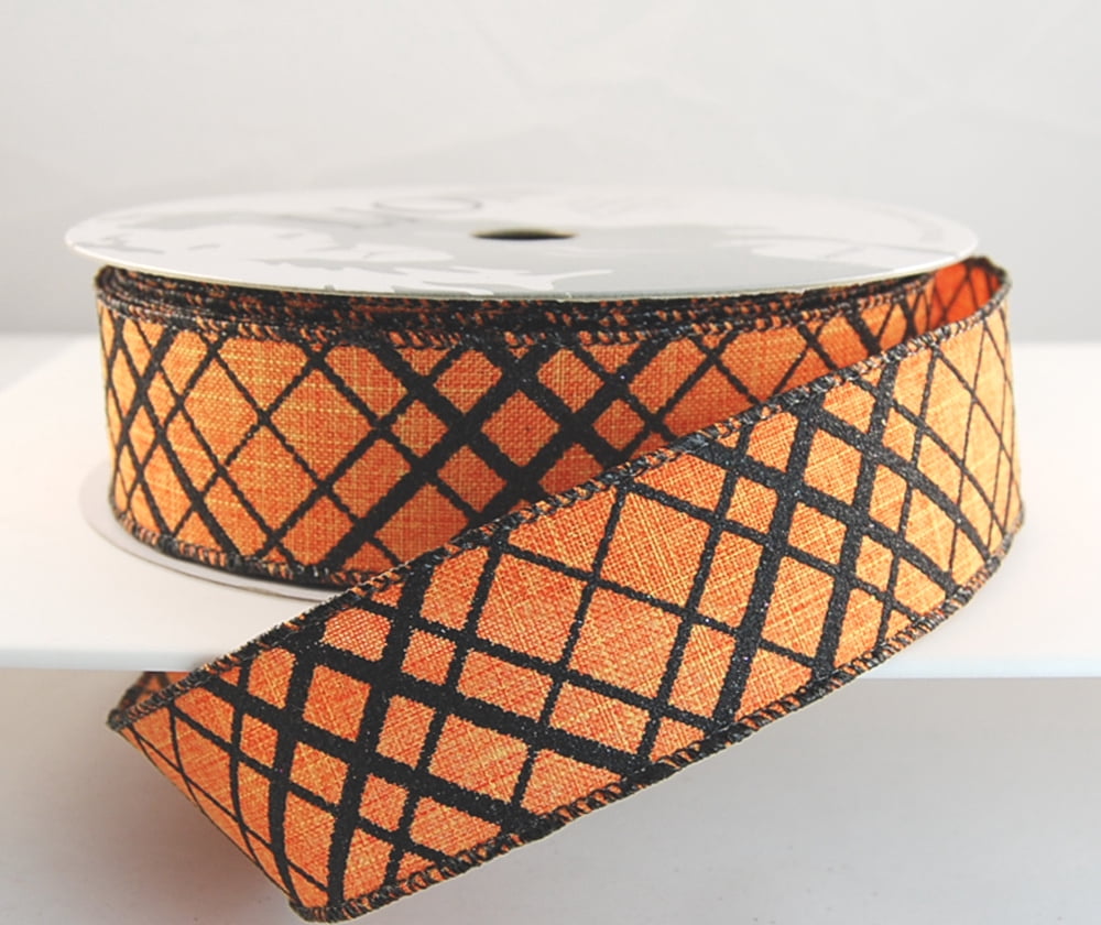 Wire Edged Lucan Orange and Black Diagonal Striped Ribbon 1 1/2" 25 Yards