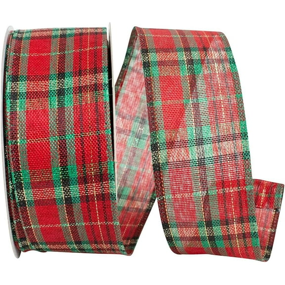 Wire Edged McKenzie Red, Green and Black Sheer Plaid Christmas Ribbon 1 1/2" 10 Yards