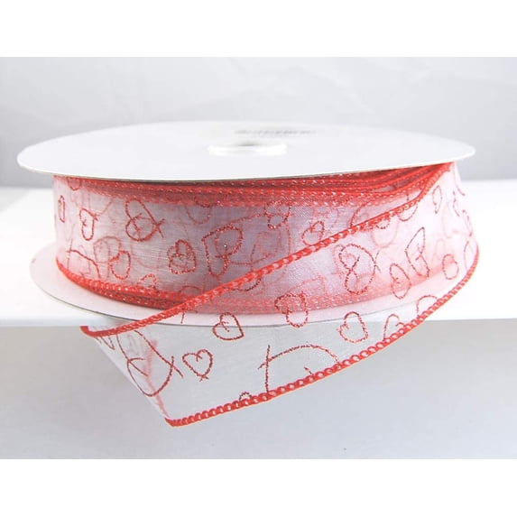Wire Edged Minnie Sheer Red Heart Valentine's Ribbon 1 1/2" - 50 Yards