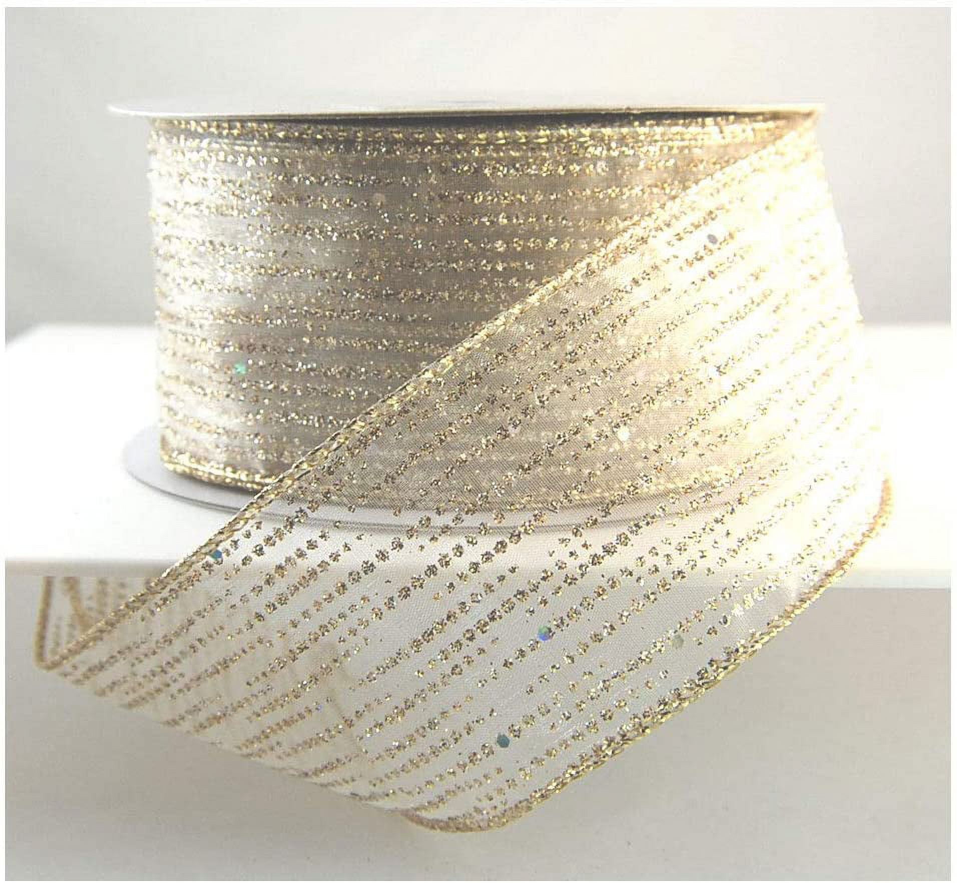 Wire Edged Palace Gold Soft Sheer Gold Glitter Ribbon 2 1/2" - 25 Yards