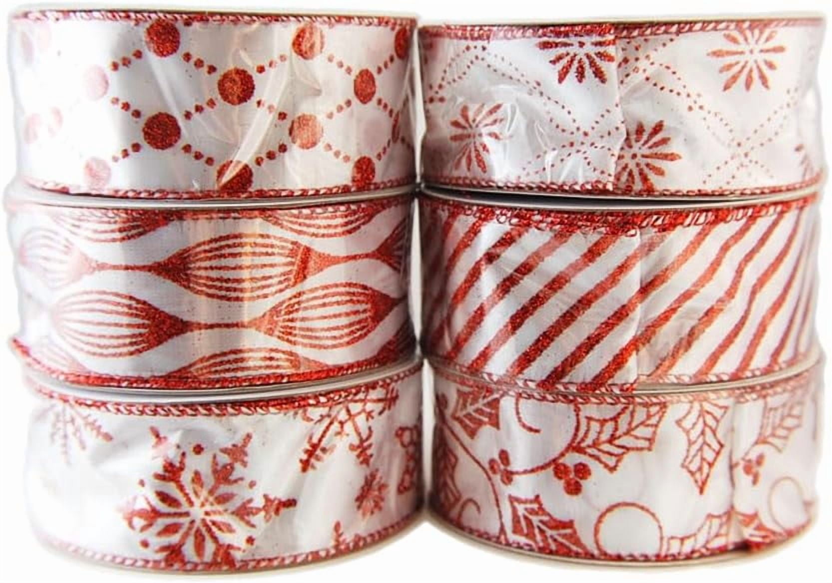 Wire Edged Satin Glitter White and Red Christmas Ribbon - 6 Rolls of 10 Yards (60 Yards)
