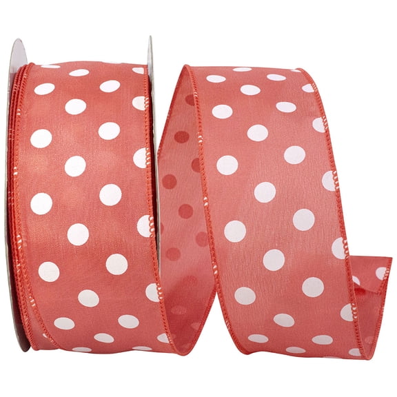 Wire Edged Satin Large Dots Coral and White Spring Ribbon 2 1/2" 50 Yards